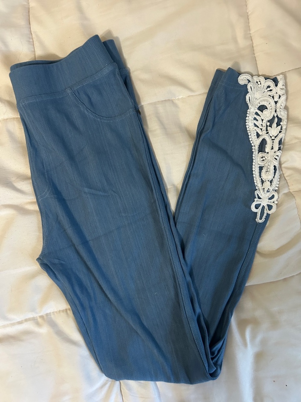 Simply Southern Blue Leggings with white lace trim